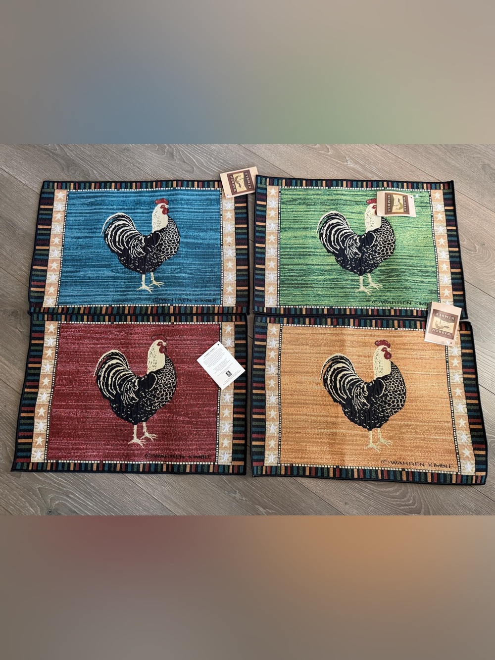 Warren Kimble Set 4 Tapestry Placemats Rooster Various Colors Country Farm Decor